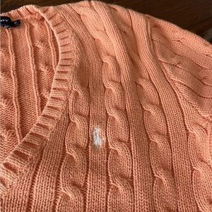 Woman’s Ralph Lauren Cotten V Neck Cable Sweater Peach Med Sport